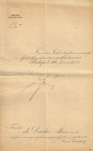 Dr Darkó Ákos, Marosvásárhely, kinevezés fizetéstelen ministeri segédfogalmazó, m k Földmivelésügy Minister, 1913, Budapest