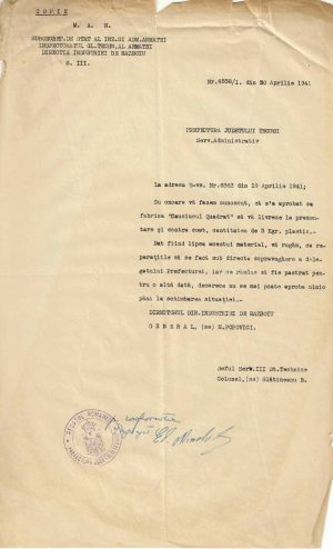Direcția Industriei de Războiu, 1941, aprobare livrare plastic