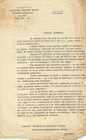Cerere de rectificare bugetară a județului Tecuci adresată Ministerului Afacerilor Interne, 1941
