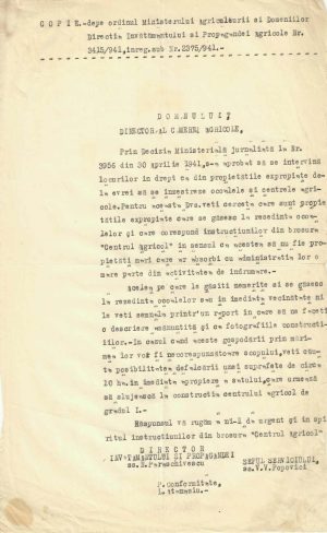 Ordin de distribuire a proprietăților expropriate de la evrei, 1941, copie de epocă