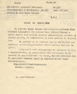 Ordin de rechiziție pentru o pereche de boi din satul Țepu, județul Galați, Regimentul Pontonieri, 1941, copie de epocă