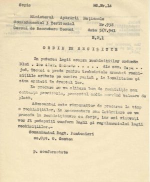 Ordin de rechiziție pentru o pereche de boi din satul Țepu, județul Galați, Regimentul Pontonieri, 1941, copie de epocă