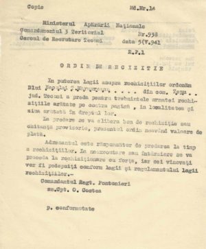 Ordin de rechiziție pentru o pereche de boi din satul Țepu, județul Galați, Regimentul Pontonieri, 1941, copie de epocă