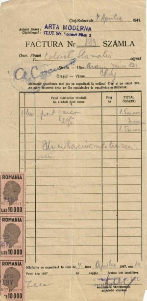 Arta Modernă, Cluj, 1947, factură pentru mobilă