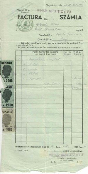 Mihail Mestitz și Fii, 1945, factură pentru mobilă, Cluj