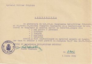 Spitalul Militar Chișinău, 1943, adeverință