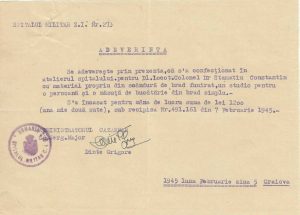 Spitalul Militar de Zonă Interioară 273, 1945, adeverință confecționare mobilă