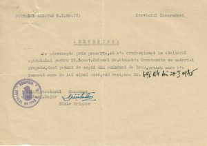 Spitalul Militar de Zonă Interioară 273, 1945, adeverință confecționare mobilă