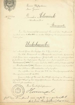 Numire în funcția de subfuncționar public, Storojineț, Bucovina, semnat olograf de Alexandru de Hurmuzaki, 1913, copie litografiată de epocă
