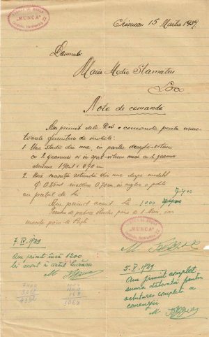 Fabrica de mobilă Munca din Chișinău, Basarabia, 1939, notă de comandă