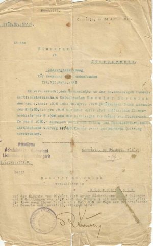 Cernăuți, ordin de plată către un meșter din Storojineț, 1919