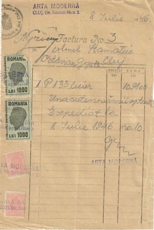 Arta Modernă, Cluj, 1946, factură pentru mobilă