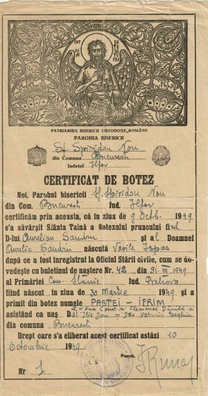 Certificat de botez, biserica Sf Spiridon Nou, București, 1949