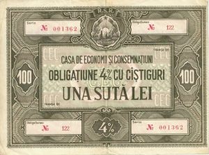 Obligațiune 4% cu câștiguri, una sută lei, CEC, perioada comunistă