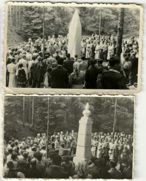 Dezvelirea Monumentului Turismului ridicat de Clubul Turistic Bănățean la Șapte Izvoare, județul Caraș-Severin, 1 august 1937, lot de 2 fotografii