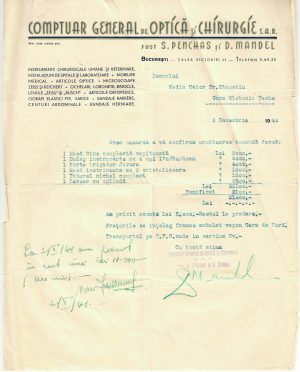 Comptuar General de Optică și Chirurgie București, scrisoare de afaceri adresată la Gara Slobozia Veche, 1940