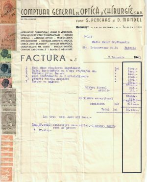 Comptuar General de Optică și Chirurgie București, factură către medic din Pitești, 1941