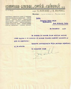 Comptuar General de Optică și Chirurgie București, scrisoare de afaceri adresată la Gara Slobozia Veche, 1940