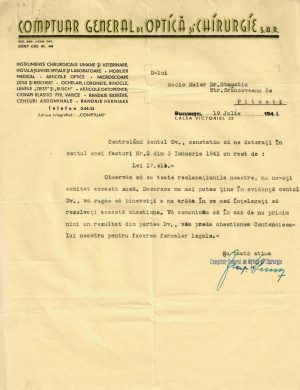 Comptuar General de Optică și Chirurgie București, scrisoare de afaceri către medic din Pitești, 1944