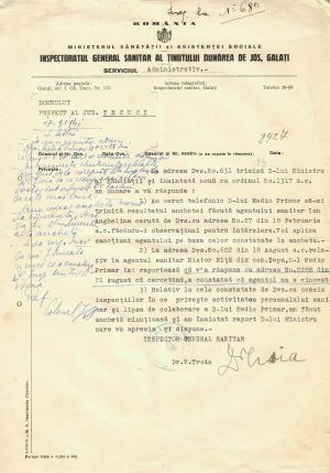Inspectoratul General Sanitar al Ținutului Dunărea de Jos, Galați, 1941, act cu antet