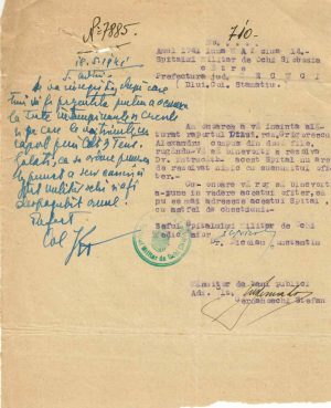 Spitalul Militar de Ochi Slobozia evacuat de la Chișinău, 1941, act către prefectul județului Tecuci