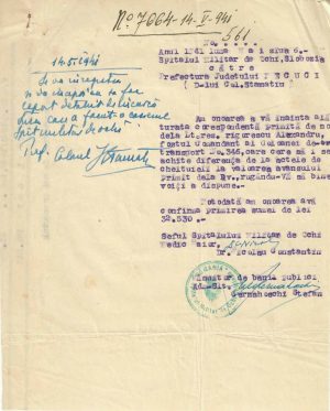 Spitalul Militar de Ochi Slobozia evacuat de la Chișinău, 1941, act către prefectul județului Tecuci