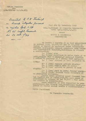 Spitalul Militar de Zonă Interioară 273, 1944, declarație de cumpărare de bunuri de la Comisia de vânzare a mobilierului din Chișinău, Basarabia