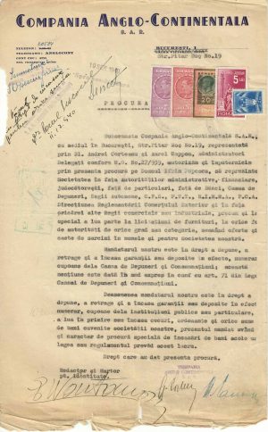 Procură Compania Anglo-Continentală S A R, cu viza Comisarului de Românizare, 1940