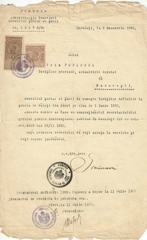 Numire învățător definitiv la Școala primară de băieți Siret, 1920, Cernăuți