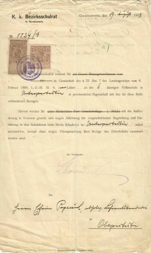 Numirea unui român ca învățător provizoriu, K k Bezirksschulrat Gurahumora, Gura Humorului, 1913
