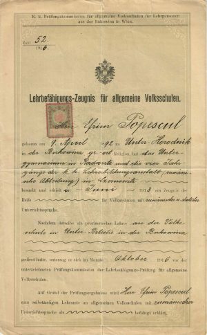 Certificat de calificare profesională ca învățător pentru român din Bucovina, 1916/Lehrbefähigung-Zeugnis für allgemeine Volksschulen