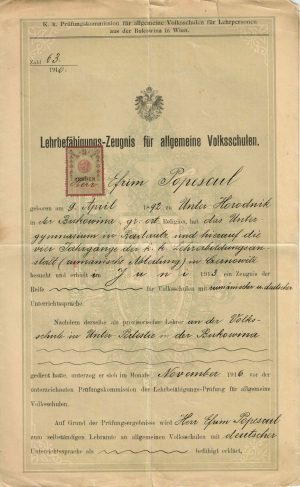Certificat de calificare profesională ca învățător pentru român din Bucovina, 1916/Lehrbefähigung-Zeugnis für allgemeine Volksschulen