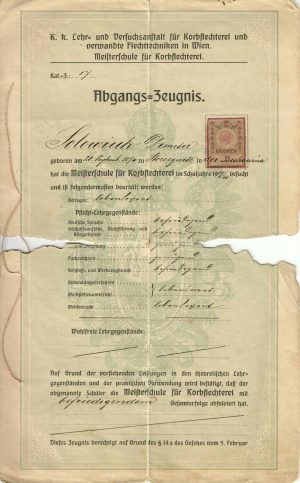 Certificat de absolvire de meseriaș împletitor de coșuri din nuiele pentru locuitor originar din Storojineț, 1910, Viena