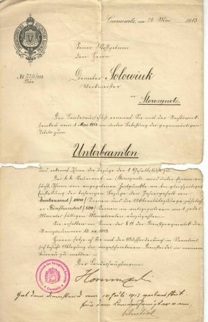 Numire în postul de subfuncționar public semnată olograf de Alexandru de Hurmuzaki, Cernăuți, 1913