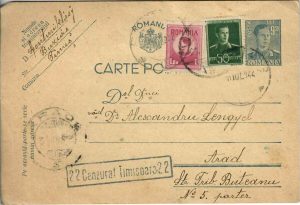 Carte poștală românească circulată Buziaș-Arad, 1944, ștampilă cenzură Timișoara