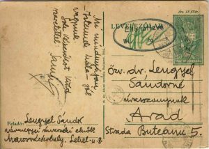 Carte poștală maghiară circulată Târgu Mureș-Arad, 1944, ștampilă cenzură
