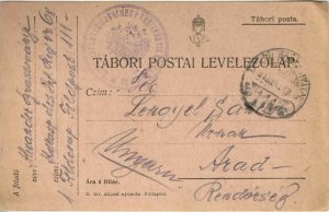 Carte poștală militară circulată Arad, 1916, voluntar din oraș din Infanterieregiment Freiherr von Reicher Nr 68, cu ștampila regimentului, Tábori Posta 111, Tábori posta levelezőlap
