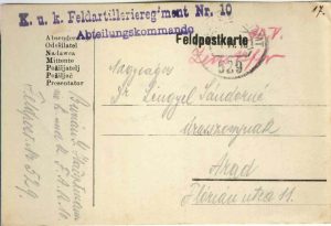 Feldpostkarte cu ștampila K u K Feldartilleriegiment Nr 110, 1918, Feldpost 529, circulat de pe frontul italian la Arad