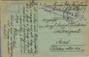 Carte poștală cu ștampila K u K Feldartilleriegiment Nr 10, 1918, Feldpost 529, circulat de pe frontul italian la Arad, levelező-lap