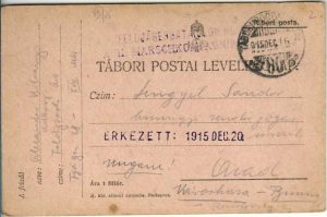 Tábori postai levelezőlap, 1915, ștampila Feldjägerbataillon Nr 28, Tábori posta 60, expediată de pe frontul din Galiția la Arad