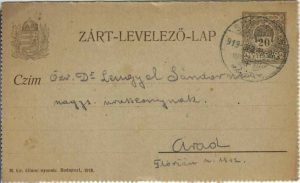 Carte poștală circulată Salgótarján-Arad, 1919, Zárt-lelevező-lap futott Salgótarján-Arad