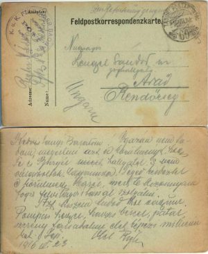 Feldpostkorrespondenzkarte, 1916, ștampila Feldjägerbataillon Nr 28, Tábori posta 60, expediată de pe frontul italian la Arad