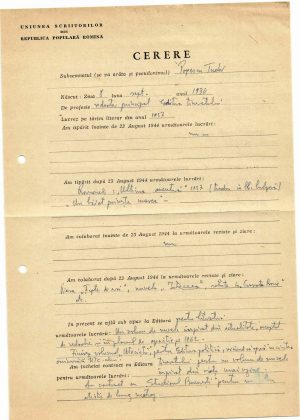 Tudor Popescu, cerere de primire în Uniunea Scriitorilor din RPR completată olograf, 1962