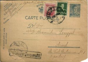 Carte poștală românească circulată Buziaș-Arad, 1944, ștampilă cenzură Timișoara