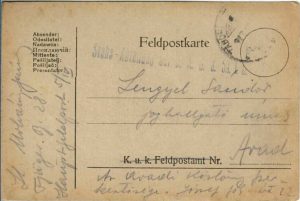Feldpostkarte, 1918, Feldjägerbataillon Nr 28, Hauptfeldpost 5/IV, expediată de pe frontul din Bucovina la Arad