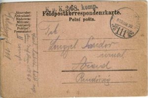 Carte poștală militară circulată Arad, 1916, voluntar din oraș din Infanterieregiment Freiherr von Reicher Nr 68, cu ștampila regimentului, Tábori Posta 111, Feldkorrespondenzkarte