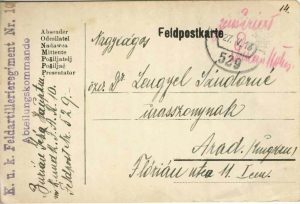 Feldpostkarte cu ștampila K u K Feldartilleriegiment Nr 110, 1918, Feldpost 529, circulat de pe frontul italian la Arad