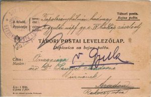 Tábori postai levelezőlap, carte poștală militară, m kir gyulai 2 honvéd népfelkelő gyalogezred, circulată Mitrovica-Arad, returnată la Gyula, 1915