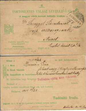 Carte poștală Crucea Roșie maghiară, Portómentes Válasz Levelezőlap, A magyar vörös kereszt tudósító irodája, circulată Arad, 1914
