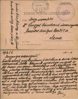 Tábori postai levelezőlap, carte poștală militară, ștampila Magyar királyi I honvéd lovas tüzér osztály, Tábori postahivatal 13, expediată de pe frontul din Galiția la Arad, 1916